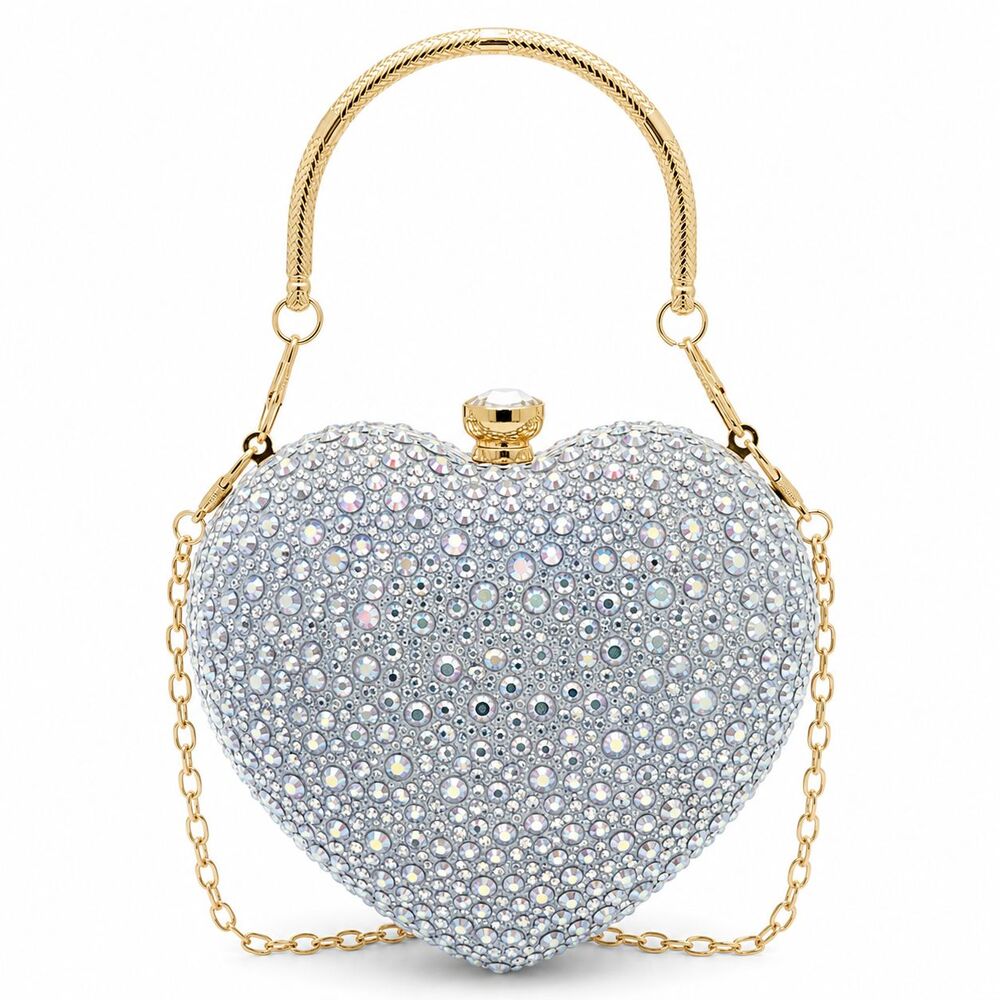 Silver Crystal Heart Clutch Bag Gold Handle Formal Evening Cocktail Purse NEW - Picture 3 of 9